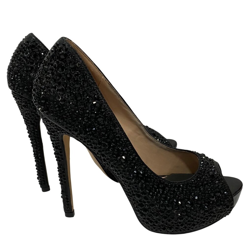 Black Rhinestone Peep-Toe Stiletto Heels Womens Size 7 By Foot Pedals